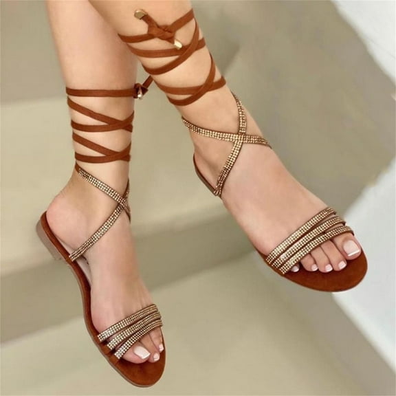 EQWLJWE Cute Sandals for Women's Lace Up Sandals Solid Color Open Toe Lightweight Strappy Sandals Tie Up Ankle Strap Flat Sandals for Home Leisure