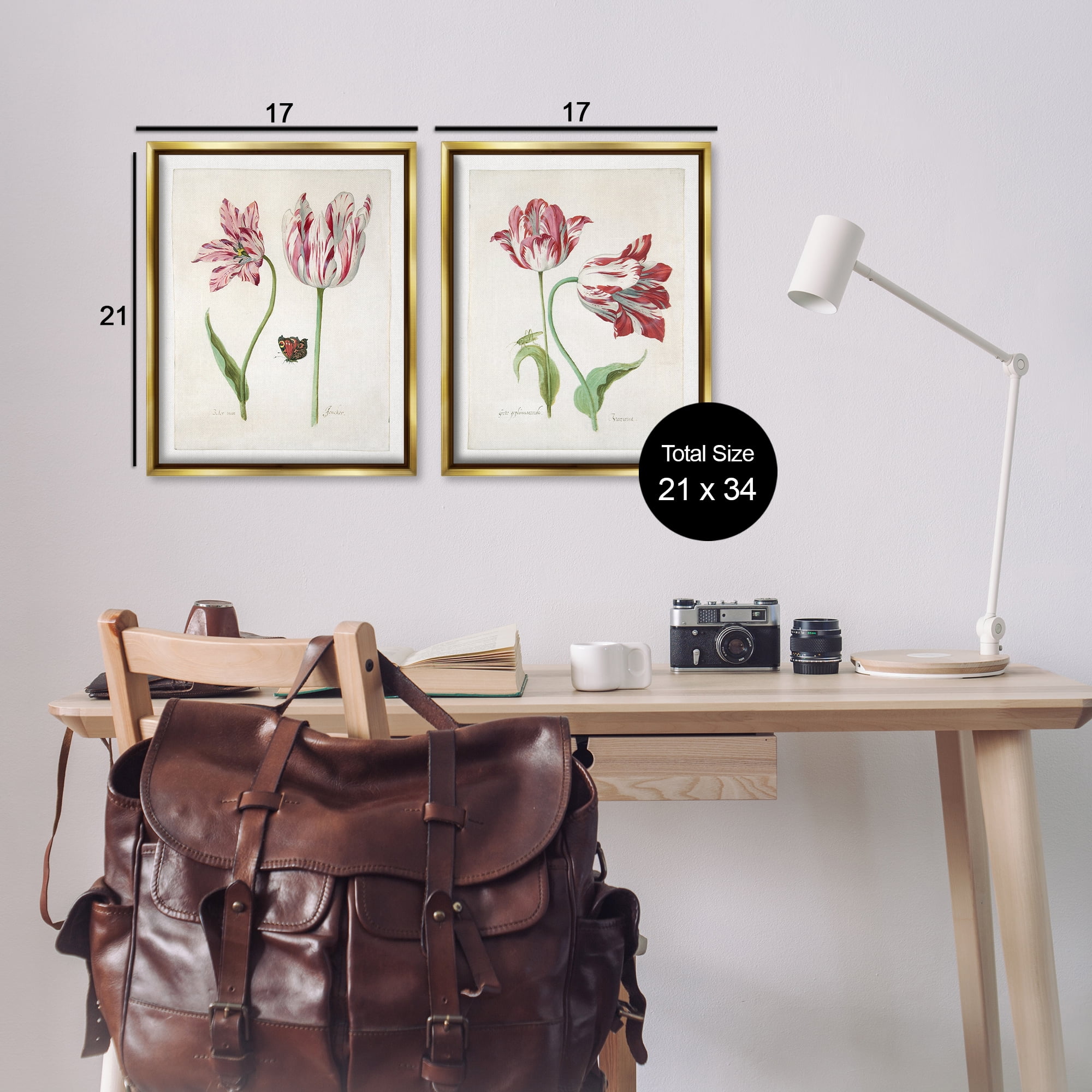 Stupell Industries Vintage Tulip & Insect Studies Floral & Botanical Painting Gold Floater Framed Canvas Art Print Wall Art, 17 x 21, Set of 2