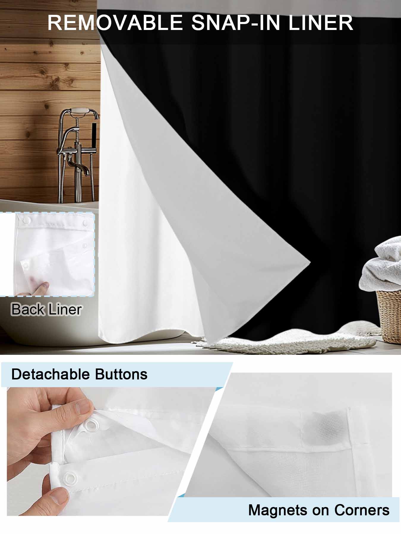 No Hook Shower Curtains with Detachable Snap-in Liner Set, Pure Black Waterproof Hotel Style Bathroom Shower Curtain, Simple Solid Color Breathable Mesh Top Window Bath Curtains 60''x72''
