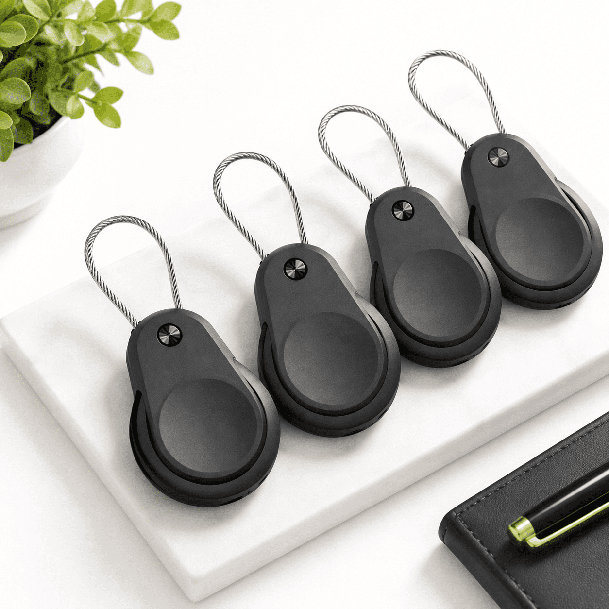 Black 4-Pack AirTag Holder Keychain With Wire Cable For Keys Luggage Pet Collars