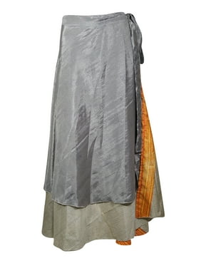 Mogul Women Gray Vintage Silk Sari Magic Wrap Skirt Reversible Printed 2 Layer Sarong Beach Wear Cover Up Long Skirts One Size