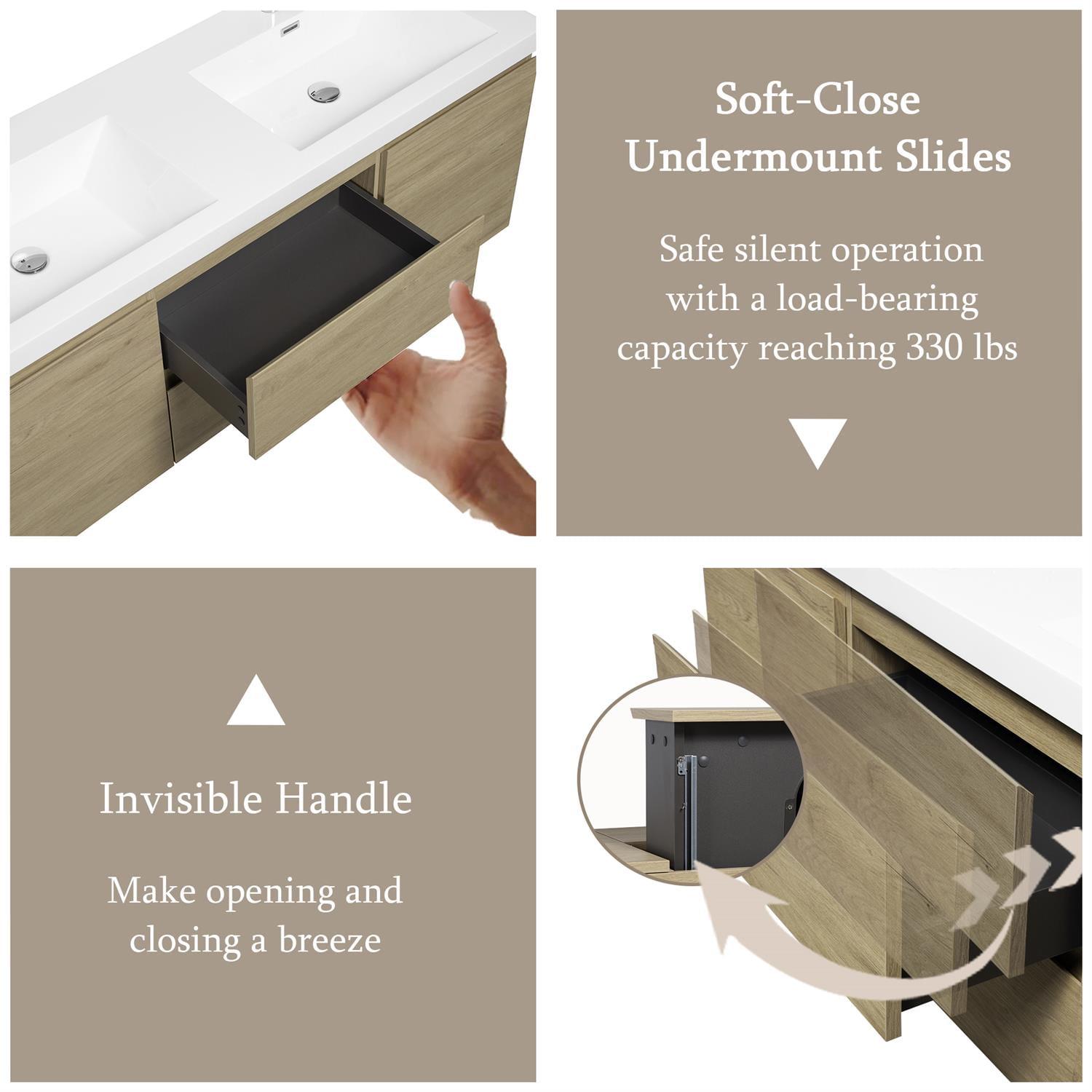 Demi Bonn 60" Floating Bathroom Vanity with Sink, Double Resin Top Basin and 2 Soft Close Drawers, 2 Storage Cabinet, Faucets and Drains Not Included, Brown