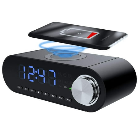 Rosewill Digital Alarm Clock with Wireless Charging Dock, LED Display, AM/FM Radio, Bluetooth Speaker, Aux Port, MicroSD Slot, Portable Rechargeable, Qi-Certified, Black - (RBWS-20015)