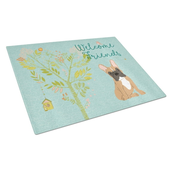 Caroline's Treasures Welcome Friends Fawn French Bulldog Glass Cutting Board Large