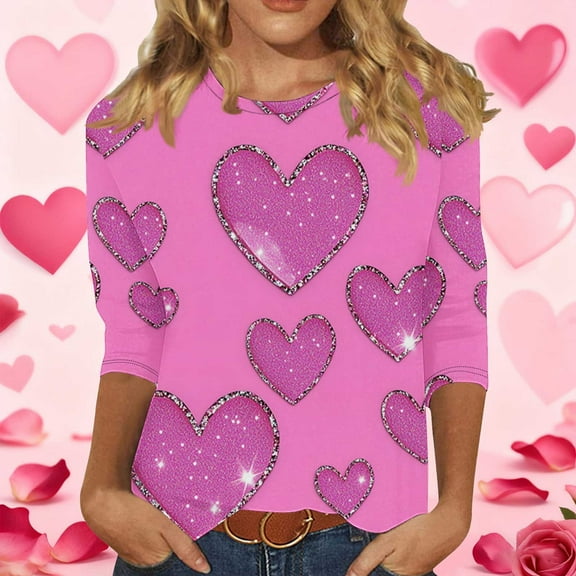 Blmnix Pullover Spring Shirts for Women 2026 Heart Print Valentine T-shirt 3/4 Sleeve Pink Crew Neck Country Tops for Women,S