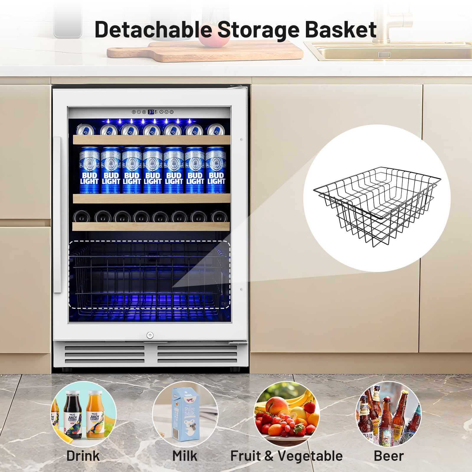 TITTLA 24 inch Beverage Refrigerator,180 Cans Under Counter Beverage Cooler with Glass Door for Kitchen Bar Office,White