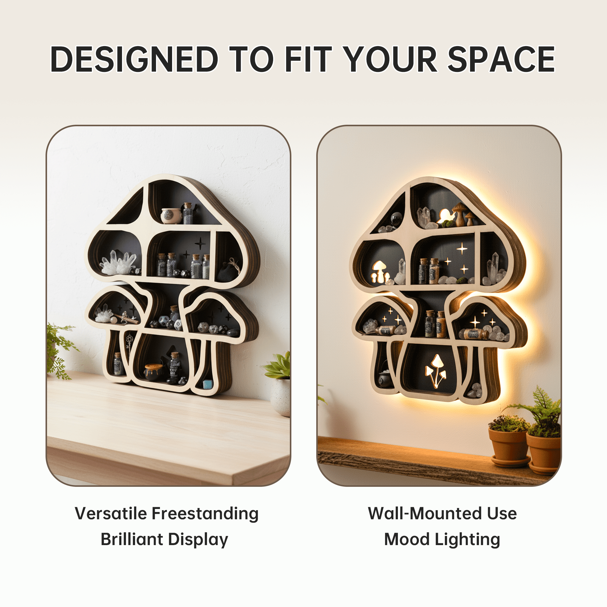 LED Mushroom Decor Cute Mushroom Floating Shelves, Crystal Shelf Display for Wall, Rock Gem Stone Storage Organizer, Trinkets Holder, Knick Knack Shelf, Mushroom Item, Unique Gift for Mushroom Lovers