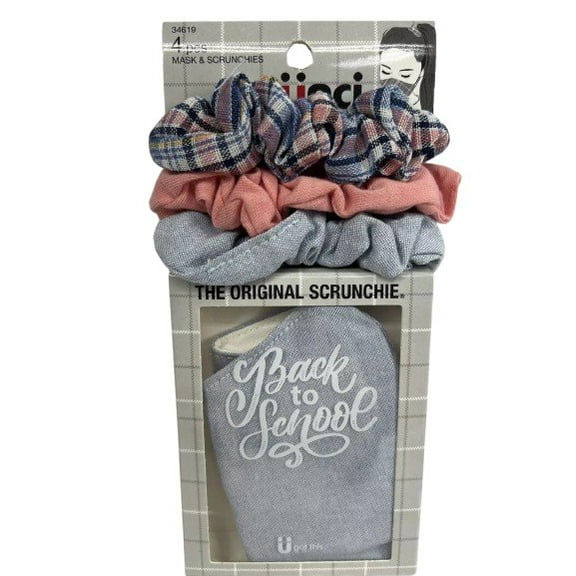 Scunci 1 Scrunchie Mask & 3 Hair Scrunchies Gray, Pink & Blue