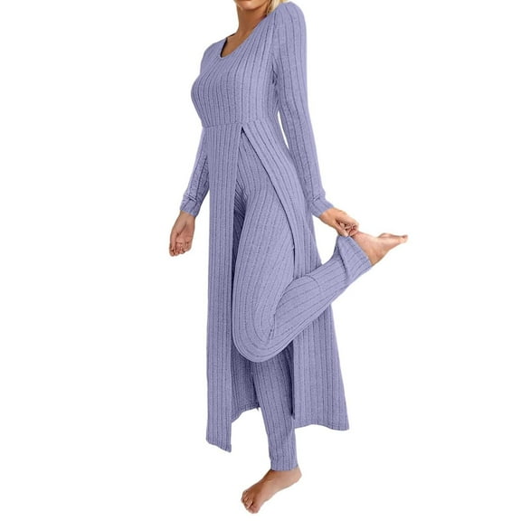 Aihuaihua Lounge Sets for Women 2 Piece Long Sleeve Crew Neck Slit Dresses and Pants Loungewear Sets Soft Matching Sets Sweatsuits Purple
