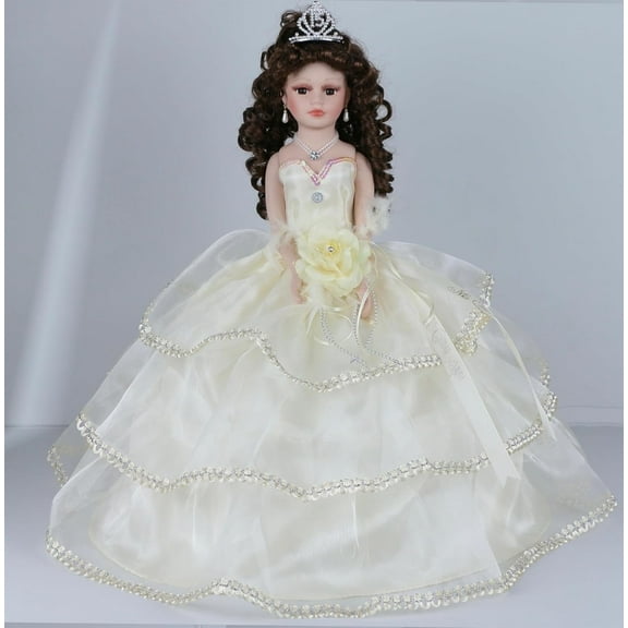 Porcelain Sleeveless Quinceañera Umbrella Doll in Beige Gown, Centerpiece & Decoration
