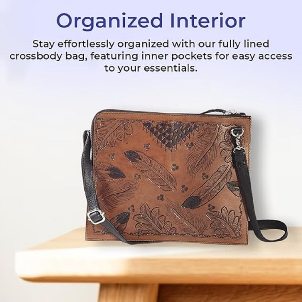 Sagefinds Genuine Leather Crossbody Bag for Women - Designer Feather - Floral Tooled Purse -7"x9"