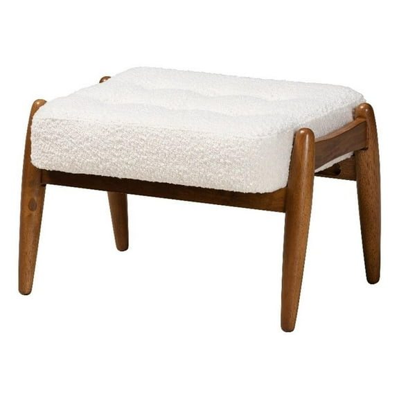 Bowery Hill Cream Boucle Fabric and Brown Rubberwood Ottoman Footstool