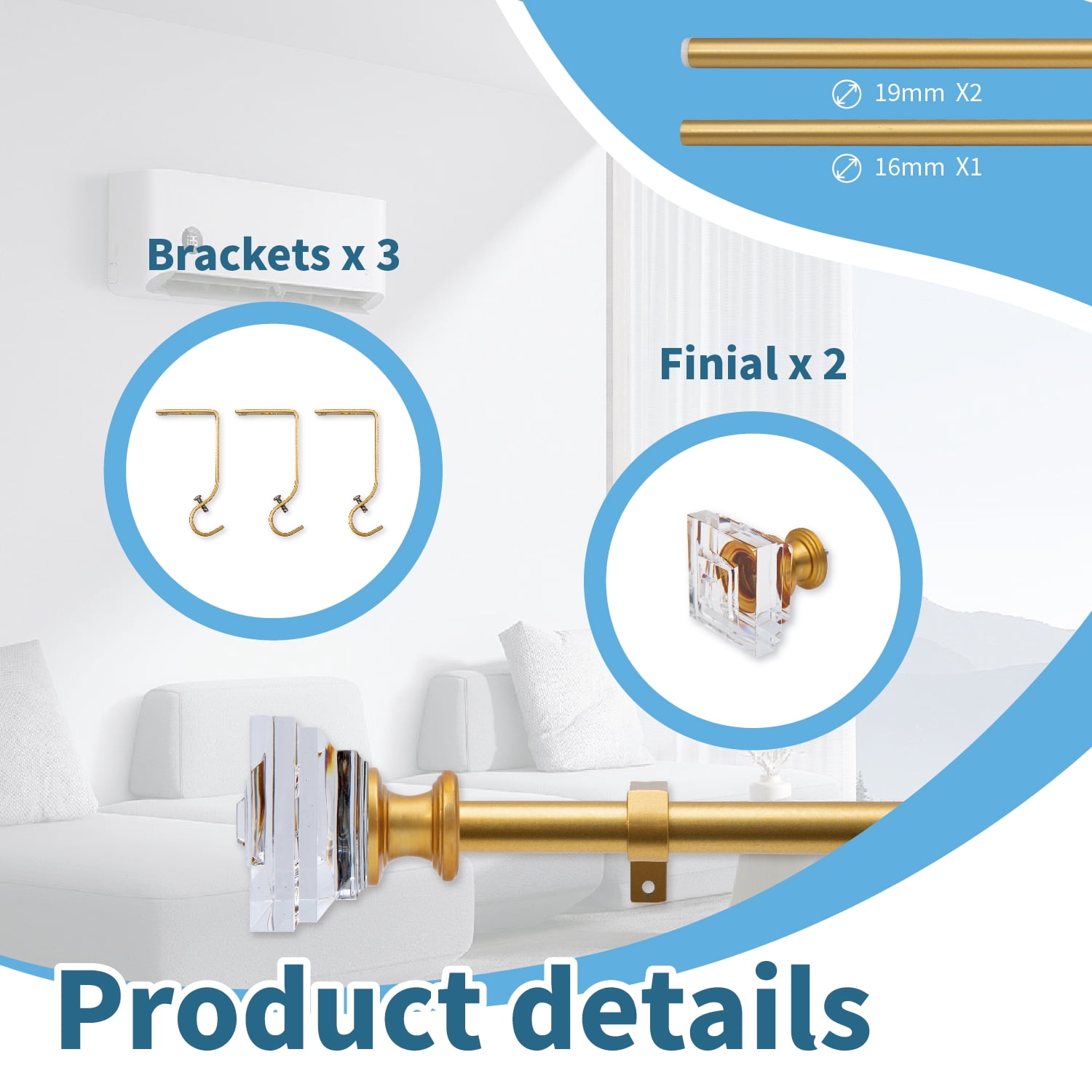 Curtain Rod Adjustable Window Drapery Rods with clear acrylic plexiglass square finials, 3piece brackets, hardware kits. Gold 48-120 inches.