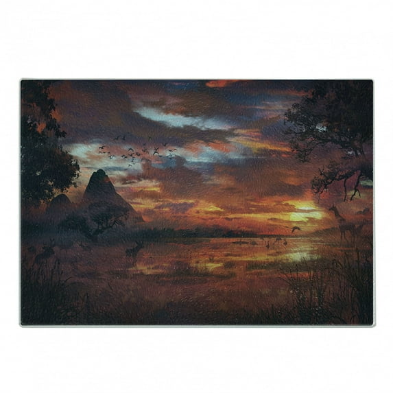 Scenery Cutting Board, First Age Seemed View with Safari Wild Animals Gazelles and Forest Image, Decorative Tempered Glass Cutting and Serving Board, Small Size, Multicolor, by Ambesonne