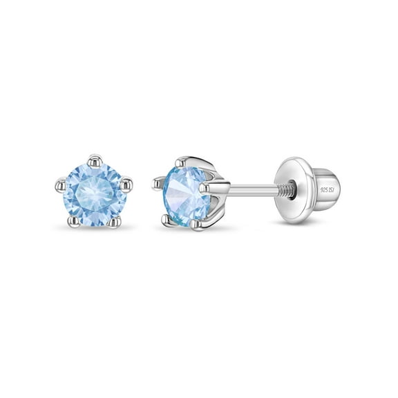 925 Sterling Silver Classic 4mm Simulated Aquamarine Prong Set Girls Screw Backs