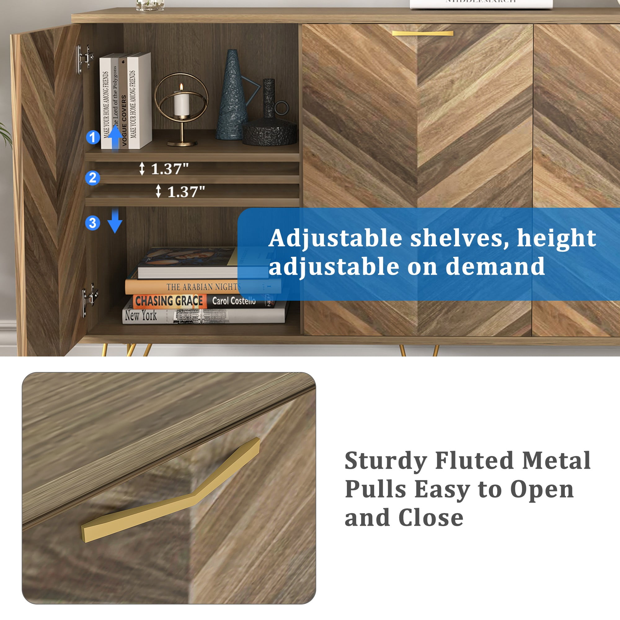 Finihen Storage Cabinet, Buffet Cabinet with Adjustable Shelf and Doors, Sideboard with Storage, Accent Cabinet for Living Room, Entryway, Brown