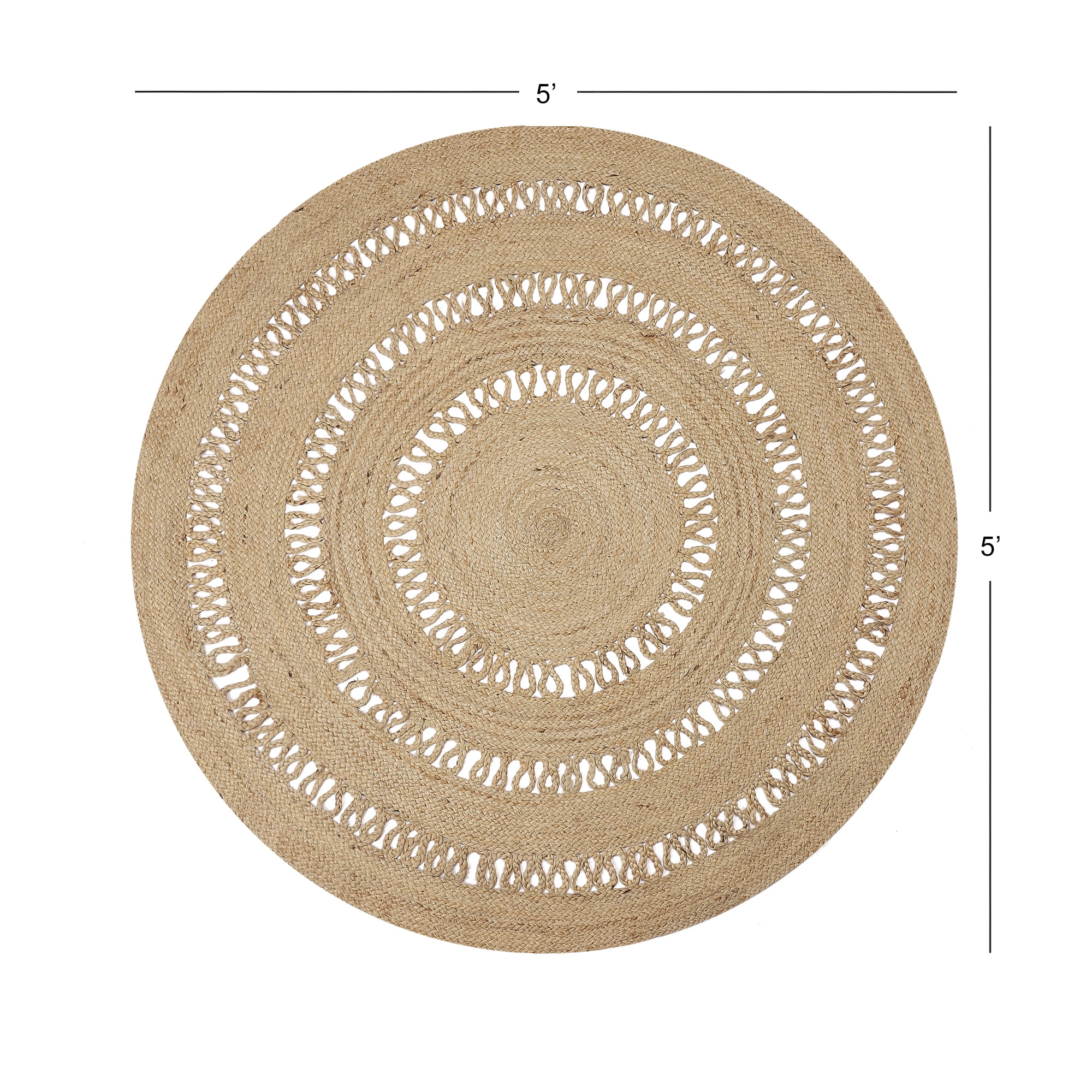 · REDEARTH · Round Area Rug - 5 Feet Braided Scalloped Earthy Trails Jute Rug- Artisan Made Boho Jute Patterned Rugs for Bedroom, Kitchen, Living Room, Farmhouse, Aesthetic, Handmade Vintage Décor