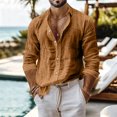 thumbnail image 2 of Mfakffe Men Linen Shirt Button Down Long Sleeve Beach Band Collar Casual Summer Shirts, 2 of 5