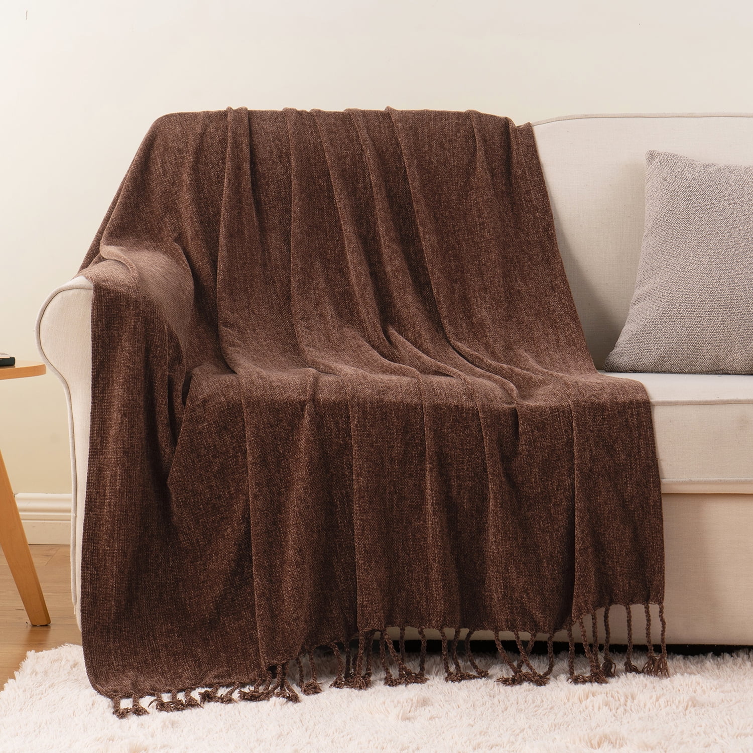 Battilo Dark Brown Chenille Throw Blanket,Chocolate Brown Knit Throws with Tassels,50"x60"
