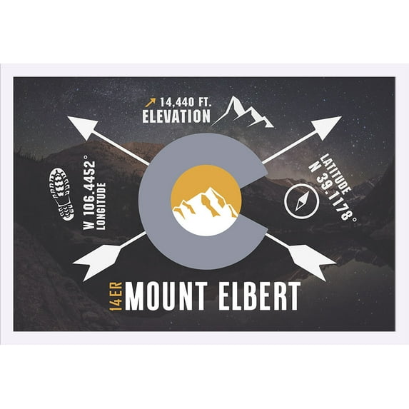 Mount Elbert - Colorado Infographic -The Fourteeners - Lantern Press Artwork (36x24 Giclee Art Print, Gallery Framed, White Wood)