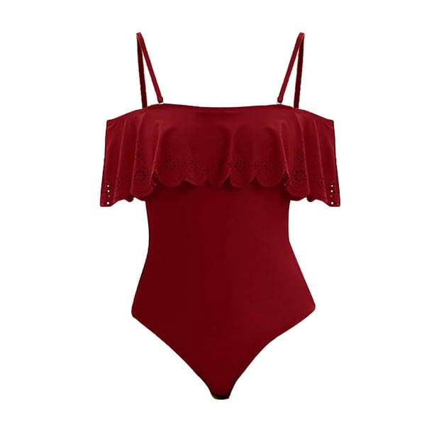 Gibobby Trajes de Baño Mujer Completos Traje de baño Sexy ajustado con decoración de volantes de encaje de un hombro con tirantes Retro informal de veran(Rojo,CH)