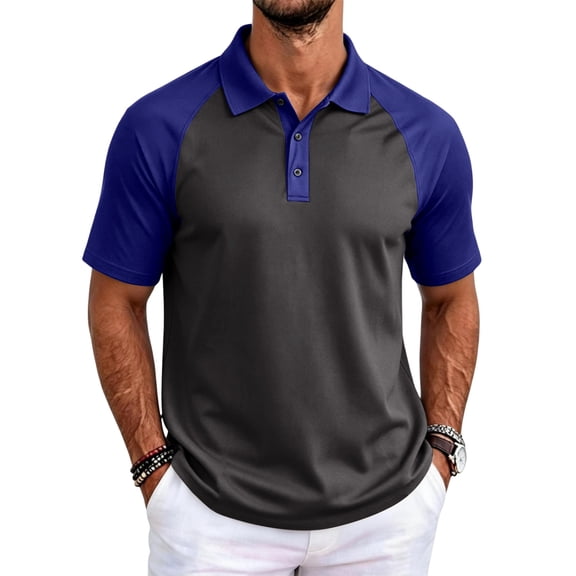 Fabrcox Mens Polo Shirts Short Sleeve Raglan Collared Golf Shirt Men Color Block Regular Fit Casual Workout Men's Athletic Shirts Blue XL