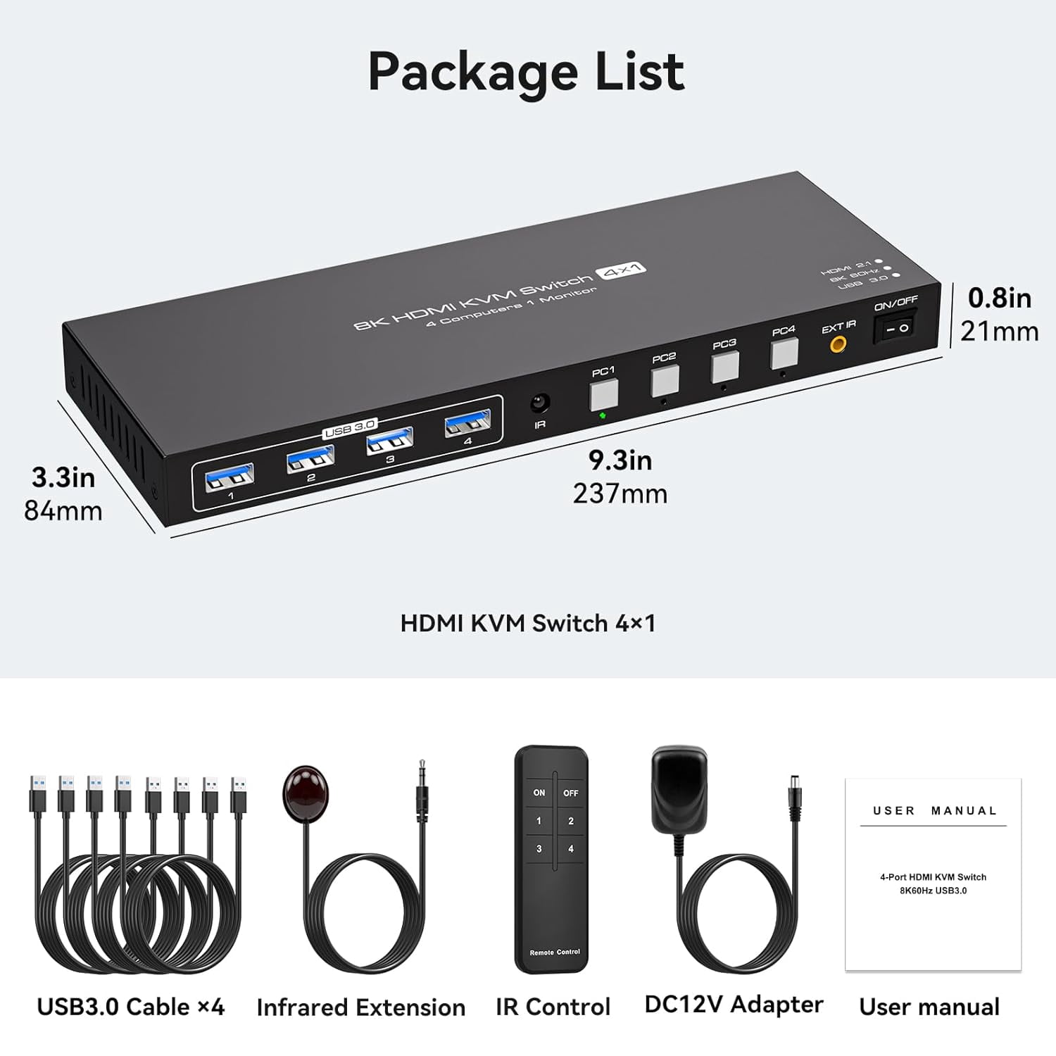 AUBEAMTO 8K@60Hz HDMI KVM Switch 4 Computers 1 Monitor USB3.0 4K120Hz 4 Ports HDMI KVM Switch 4 in 1 Out for 4 Computers Share 1 Monitor and Keyboard Mouse. with 4 USB Cable and Wireless Controller
