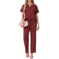 thumbnail image 2 of INSPIRE CHIC Womens Satin Pajamas Silky Short Sleeve V Neck Shirt with Long Pant Soft Loungewear Pjs Set S Red, 2 of 6