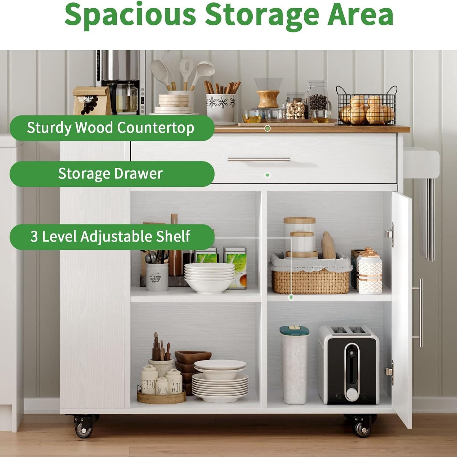 DreamCurship 39" Kitchen Island Cart with Storage, Kitchen Cart Island on Wheels, Rolling Kitchen Island with Spice Rack & Towel Rack, Island Table for Kitchen, White