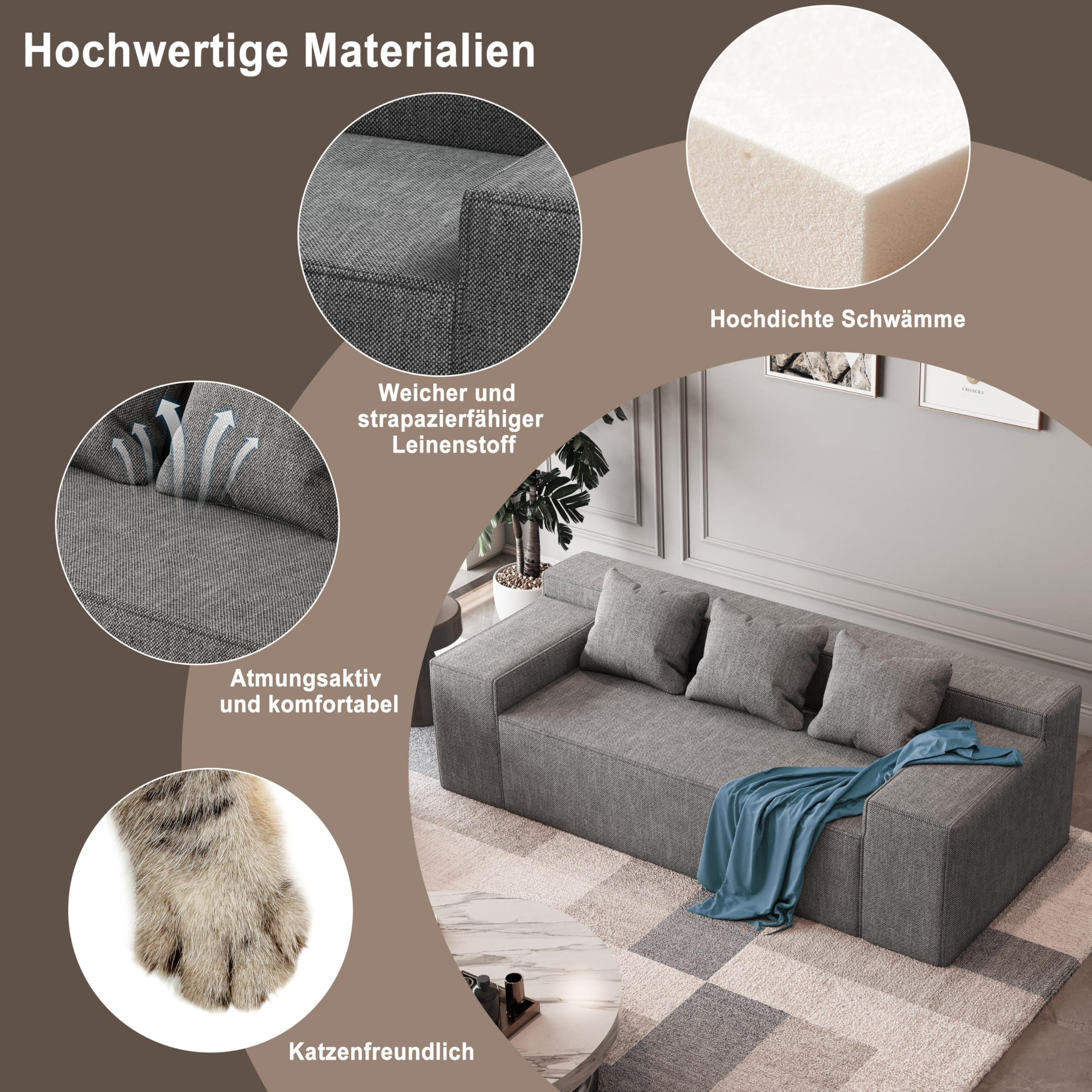 Modern 3-Seater Sofa, Hybrid Sofa in a Box, No Assembly Required, Comfy Sofa Couch with 3 Matching Pillows, Couch for Living Room or Bedroom, Grey