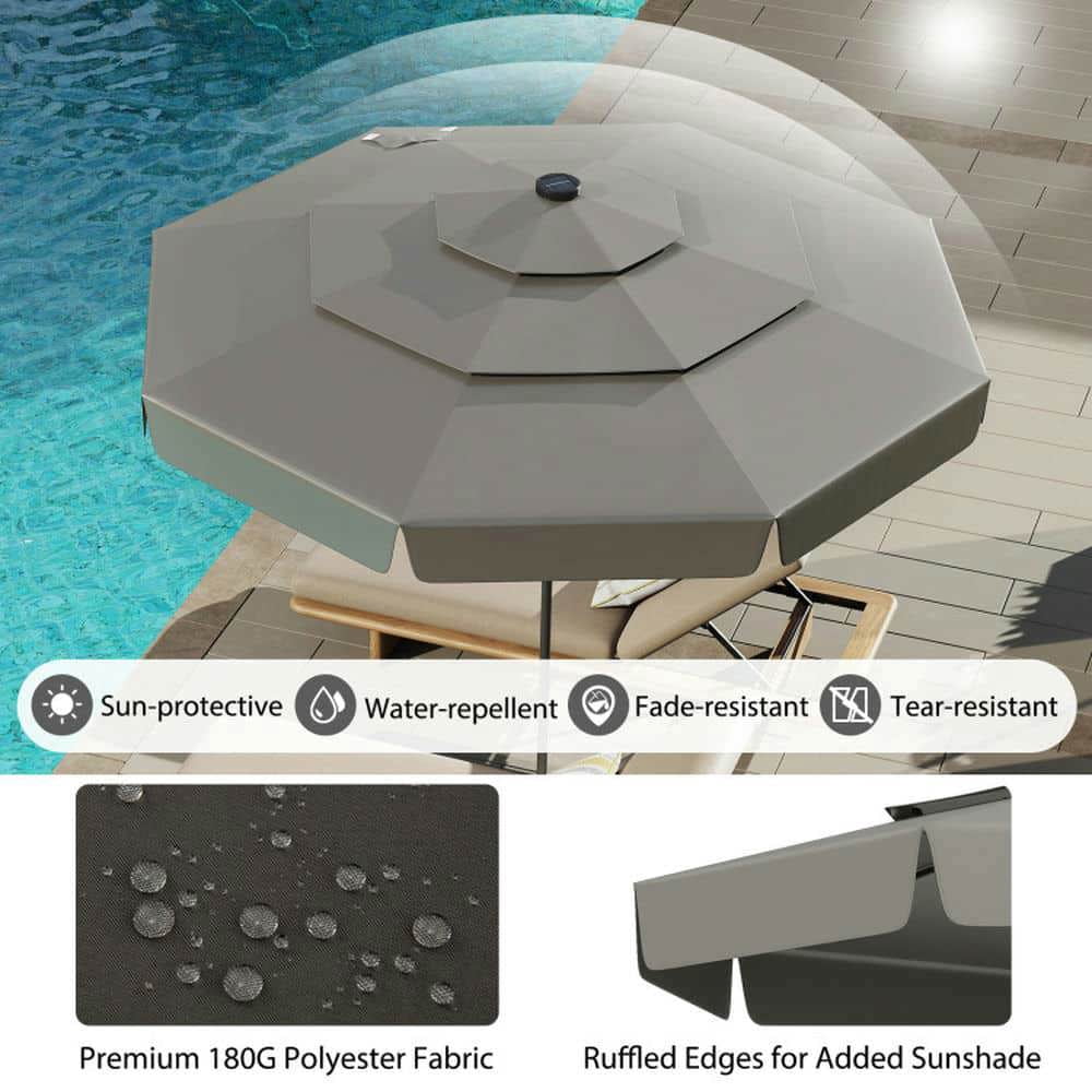 Spaco 10 Feet Solar Patio Umbrella with 3-Tier Vented Top, Outdoor Shade, Gray