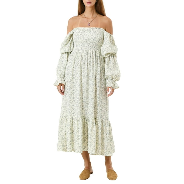Vestido Tsseiatte para mujer, escote cuadrado, hombros descubiertos, manga larga abullonada, fruncido, cintura alta, informal, corte A