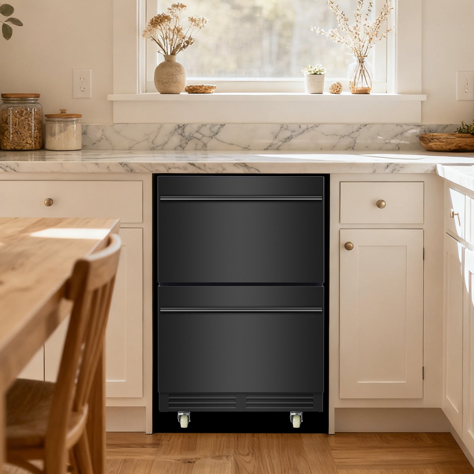 TITTLA 24 inch Under Counter Dual Drawer Beverage Refrigerator Fridge with Wheels,Freestanding for Patio, Stainless Steel Weather-Proof, Ideal for Home and Commercial Use
