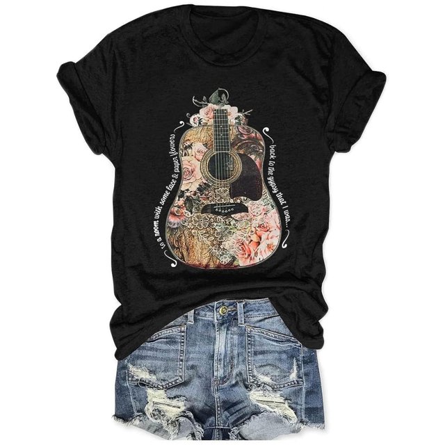 Camisetas vintage de banda de rock para mujer, camisetas de verano de manga corta con estampados de flores, guitarras y música country, camisetas gráficas divertidas y de ocio.