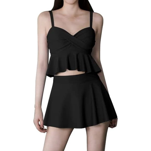 Bañador Tankini Mujer Frontal Torcido Volantes Fruncidos Traje De Baño De Dos Piezas Falda De Baño De Cintura Alta Negro G Negro G Xishao ropa