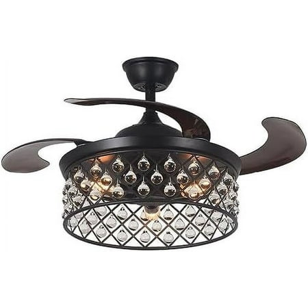 

QUGDXVBN CHANGE 42\u201D Crystal Fandelier Ceiling Fan with Light and Remote Modern Retractable Ceiling Fan with Reversible Blades 6 Speeds Farmhouse Black Chandelier Ceiling Fan for Bed