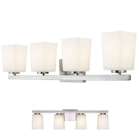 Large Four Light Vanity - Brushed Nickel Vanity 4 Light Fixture Bathroom Bath Bar Flat Opal Glass Globes