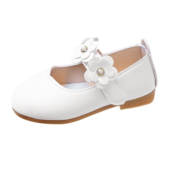 GiLiling Girls Flower Pearl Mary Jane Flats, Round Toe School Shoes, Soft Sole Non Slip Toddler Princess Dress Flats for Kids (White, 18-24 Months)