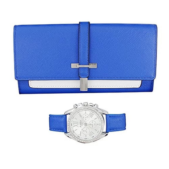 Ashley Princess Women's Easy Reader Colorful Watch Matching with Perfect Colorful Wallet which Holds Smartphone, Credit Cards, Cash & Change Organized & Elegantly Impressive Gift Set - ST10038-N Blue
