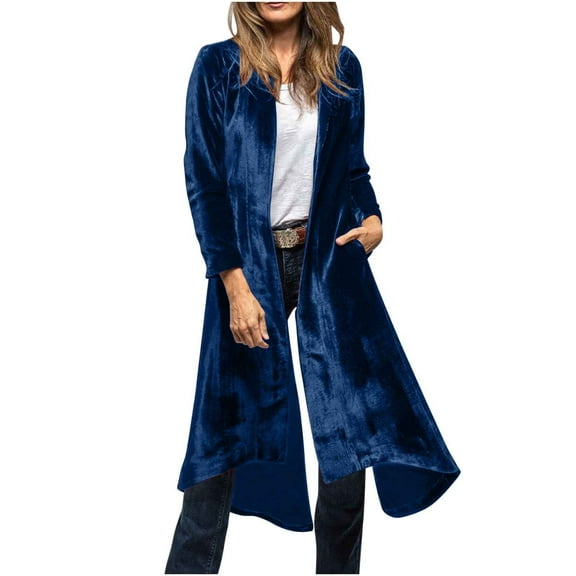 Hfnxid Womens Velvet Trench Coat Long Open Front Cardigan Jacket Elegant Back High Slit Blazer Suit Jackets Flowy Outerwear with Pockets