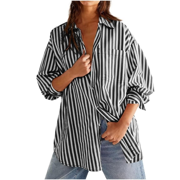 Bosfbaoi Womens Blouses Spread Collar Button Down Oversized Long Sleeve Striped with Pocket Casual Tops for Women