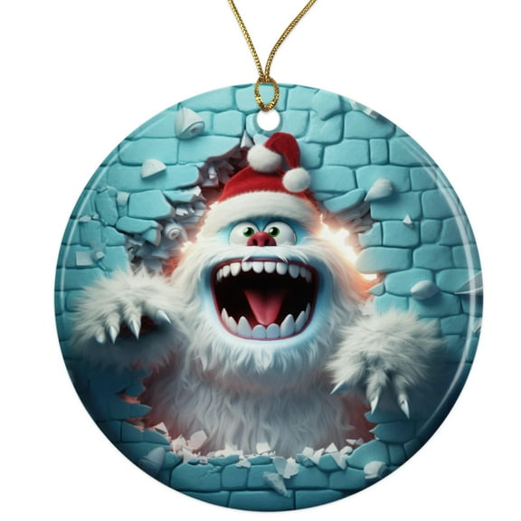Yeti Santa Hat Character Ceramic Ornament - Breakthrough 3D Effect Burst Illusion Kids Ornament - 3 Inch Christmas Tree Round Ornament - Xmas Holiday Decor - String Included - ORNW0048