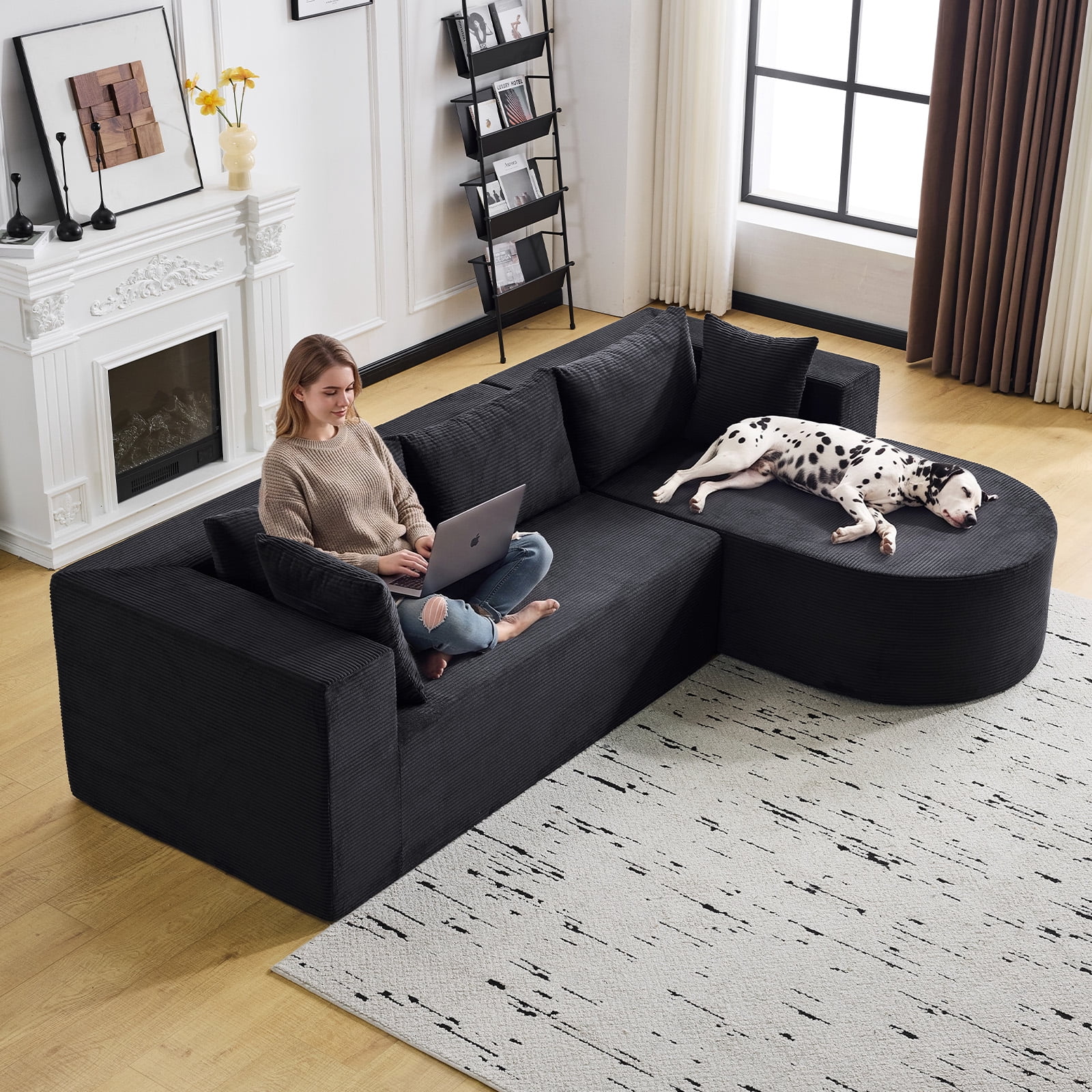 105" Modern Sectional Sofa with Right Chaise, Black Corduroy Boneless Couch with Deep Seating, No Assembly Required, L-Shape Comfy Living Room Couch