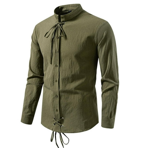 pstuiky camisetas de manga larga para hombre, Top informal de manga larga con cuello alto y botones con cordón para hombre, de color liso y moderno Tops casuales para hombres m