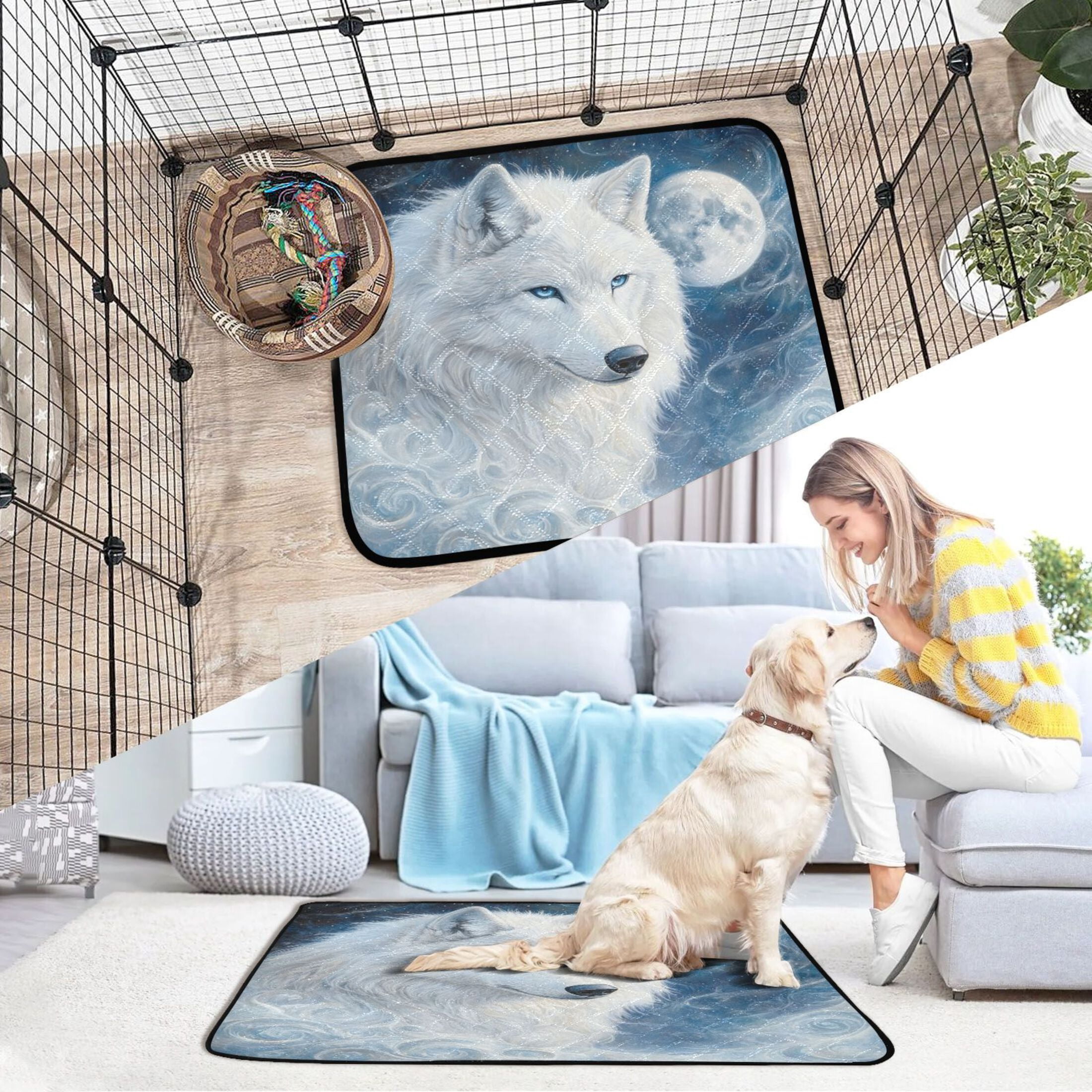 Qxltty Cool White Wolf Cat litter Pads Pet Set of 3 Diaper Mats Center Anti-leakage Layer Absorbent Soft and Comfortable