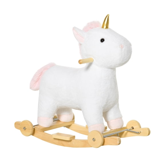 Qaba Rocking Horse, 2 in 1 Kids Ride on Horse, Rolling Unicorn Animal Rocker with Sound, Wooden Base, Pedal, Grip Handle, Plush Riding Pony for 3-6 Years Old, White