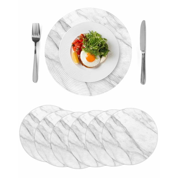 Marble Round Placemats Set of 6 for Dinning Tables,Heat-proof Braided Table Mats 15 Inch,Modern Grey White Rock Monochrome Simple Washable Place Mat for Kitchen Restaurant Party Decor Table Setting
