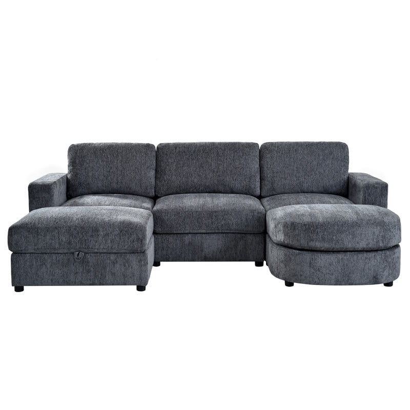 102.4" U-Shaped Modular Sectional Sofa with 2 Movable Ottomans, Chenille Fabric Couch with Storage Ottoman, Drop-Down Console with 2 Cup Holders, Solid Pine Wood Frame for Living Room