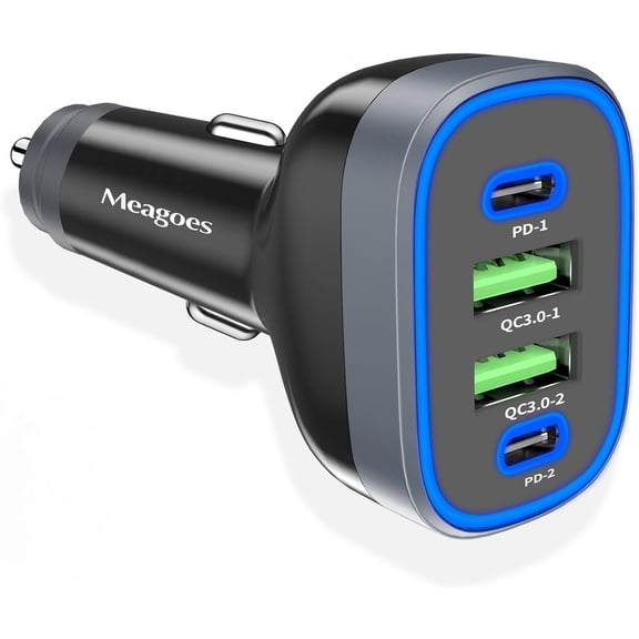 USB C Car Charger, MJMJ 4 Ports 90W Super Fast Charging, Dual PD 45W USBC & QC3.0 USB 12V Cigarette Lighter Adapter for iPhone 17 Air 16 15 iPad Tablet, Google, Samsung Android Type C Cell Phone