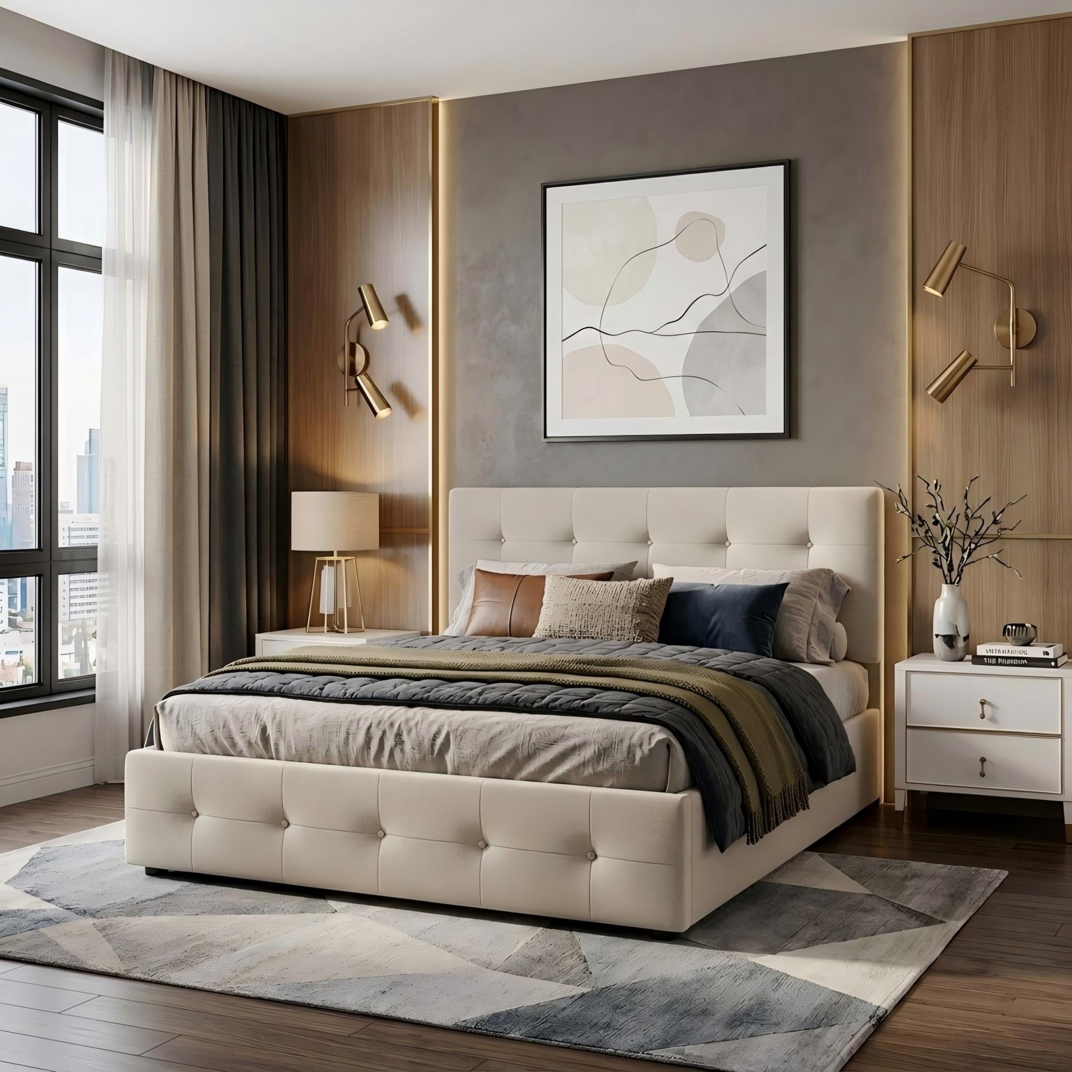 Aukfa Queen Upholstered Platform Bed with Twin XL Trundle and 2 Storage Drawers, Linen Fabric Tufted Headboard & Footboard, Beige